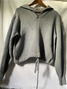 Gray Knit Drawstring Sweater with Collar